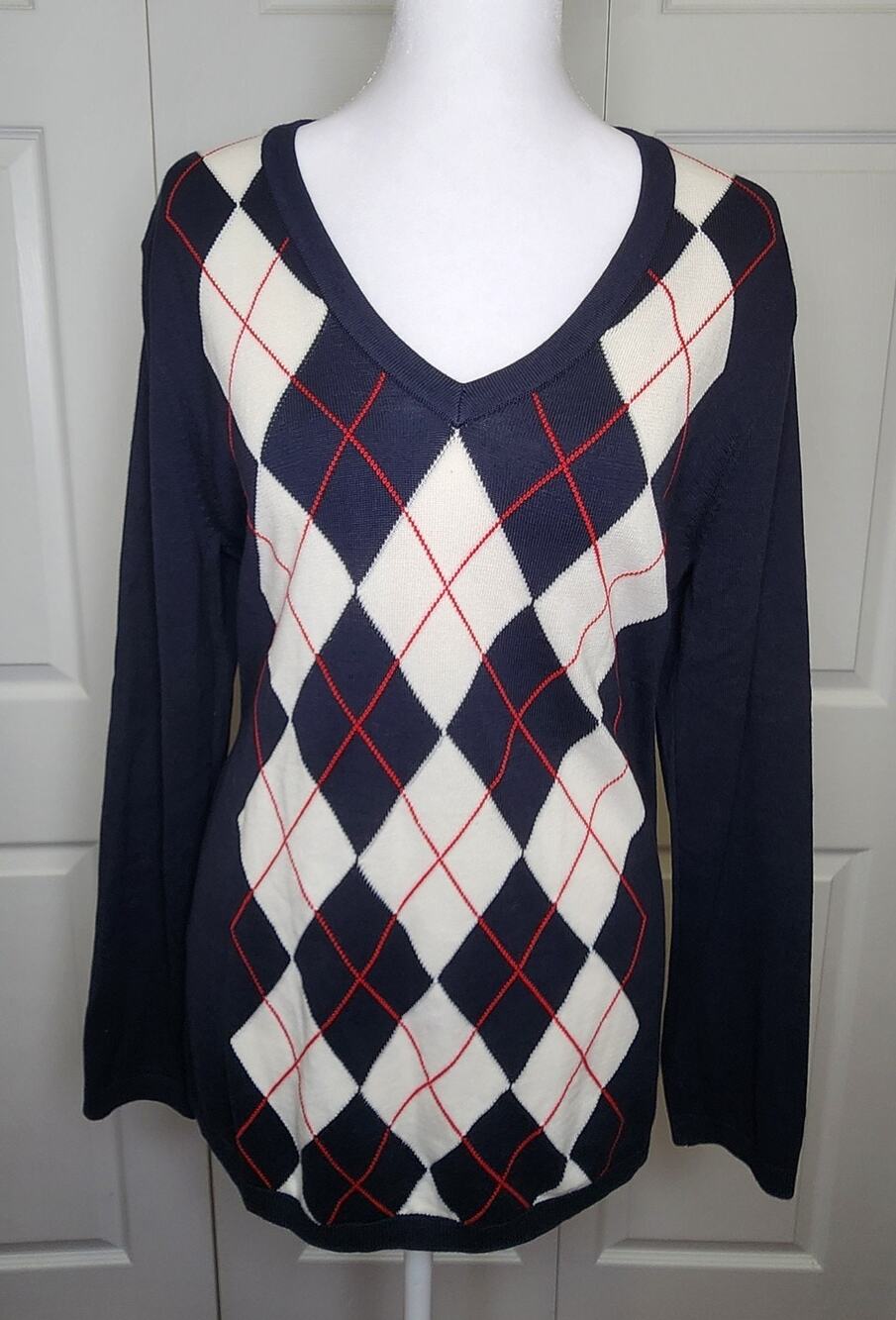 Tommy Hilfiger Women's V-Neck Sweater Top Long Sleeve, Size Large Blue White NWT